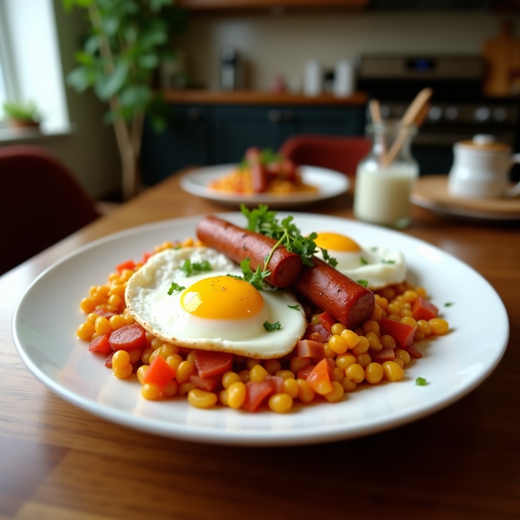Plato hondo de barro con migas doradas y crujientes, coronadas con huevos fritos y rodajas de chorizo. Receta tradicional española de migas con huevos y chorizo.