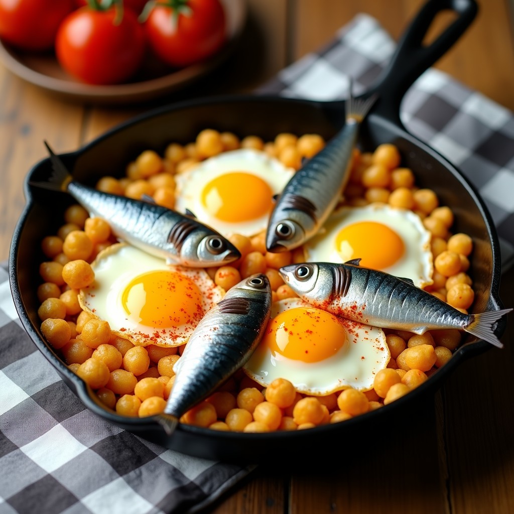 Sartén de hierro con migas doradas, huevos fritos encima y sardinas en aceite colocadas al lado, típico plato andaluz tradicional.