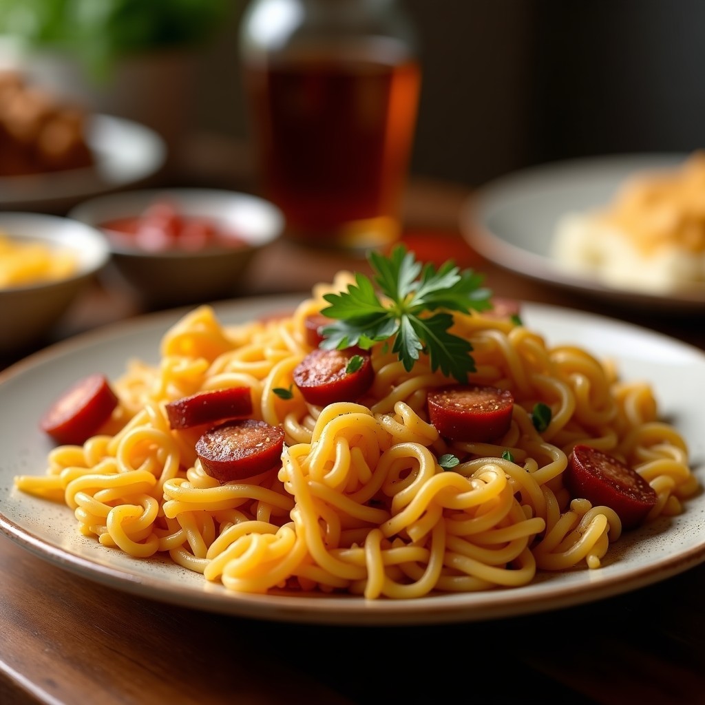 Plato hondo de barro con migas manchegas doradas, trocitos de chorizo y panceta, decorado con ajos fritos y pimentón. Receta tradicional española.