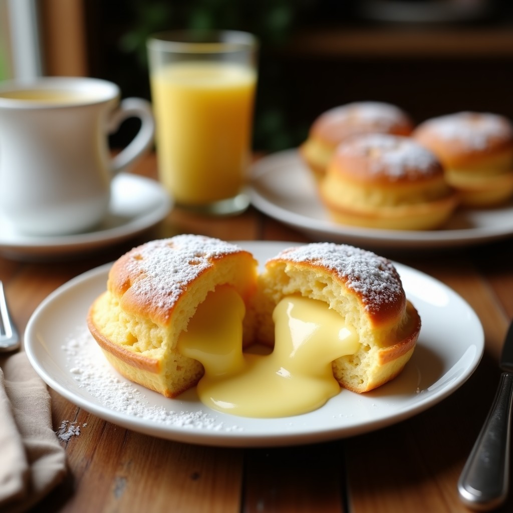 Miguelitos dorados y esponjosos rellenos de crema pastelera amarilla, espolvoreados con azúcar glas, sobre un plato blanco rústico.