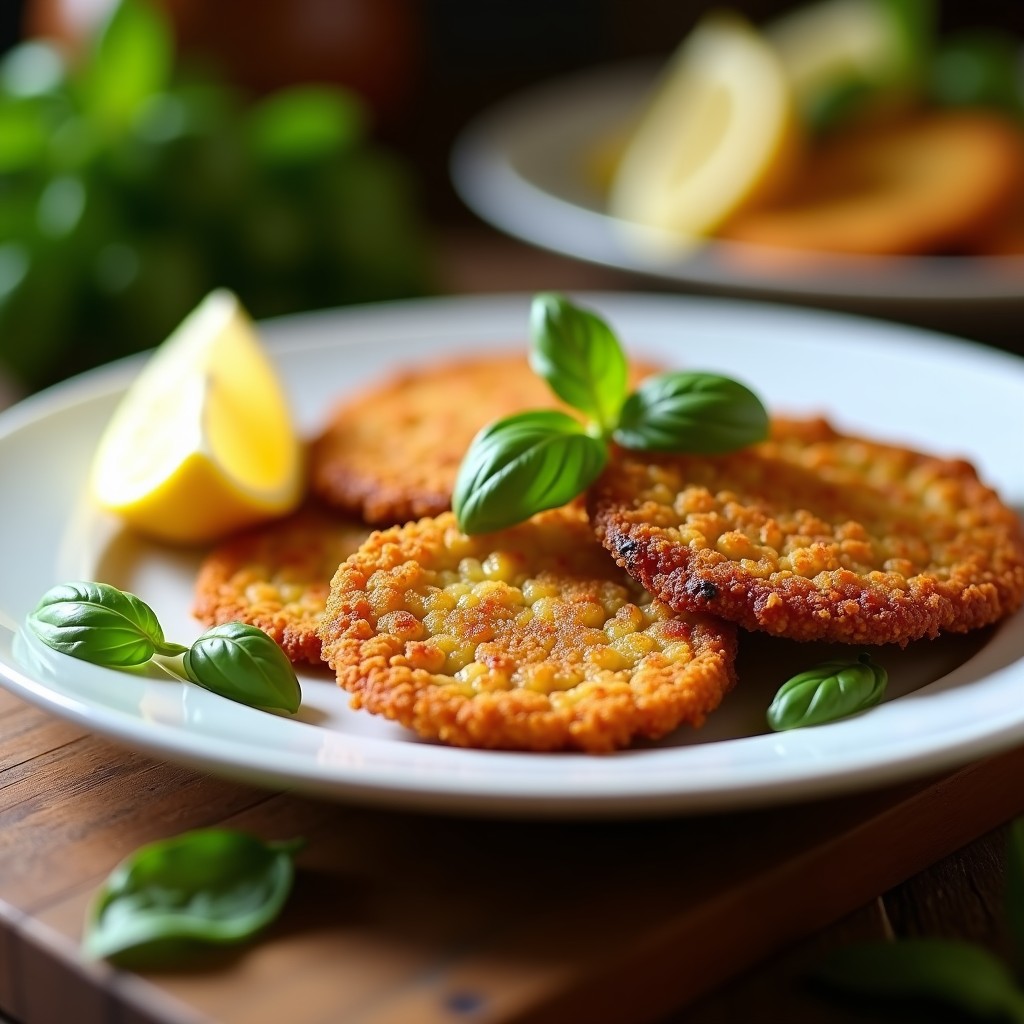 Milanesas de berenjena doradas y crujientes con pan rallado de almendra, servidas en un plato blanco con hierbas frescas y rodajas de limón. Receta italiana keto en airfryer.