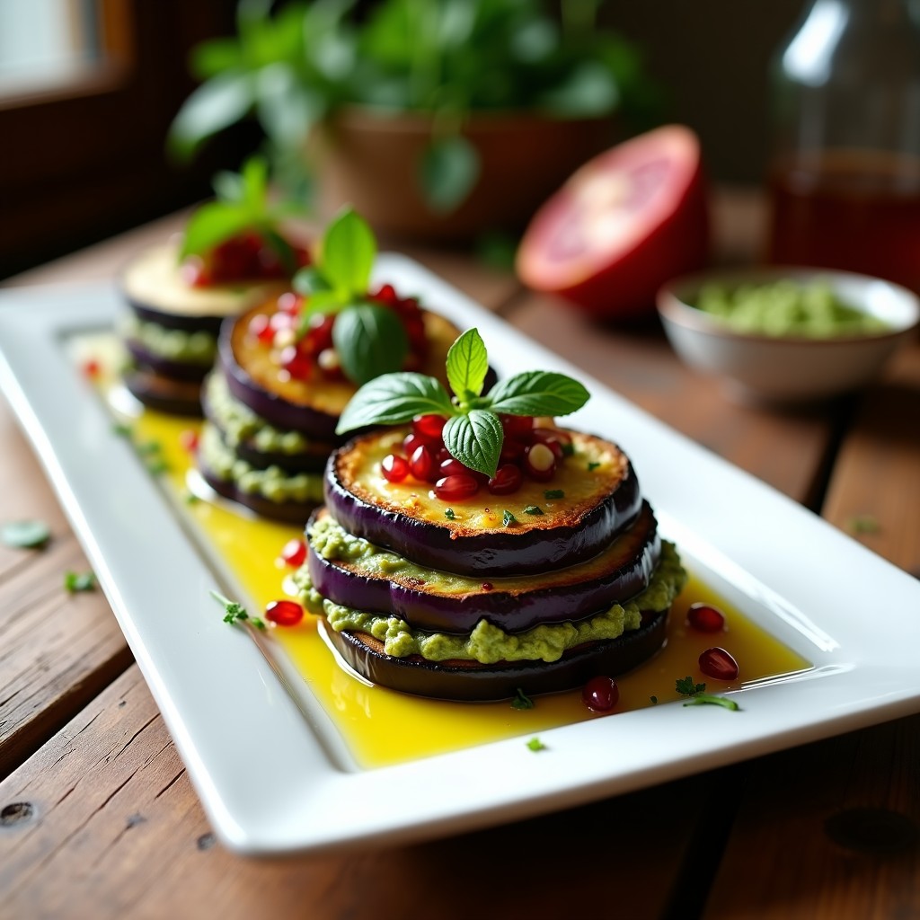 Plato blanco rectangular con milhojas de berenjena morada y aubergine blanca asada, apiladas en capas con pesto de albahaca verde brillante. Decorado con semillas de granada rojas y hojas de menta fresca. Fondos borrosos de especias y aceite de oliva.