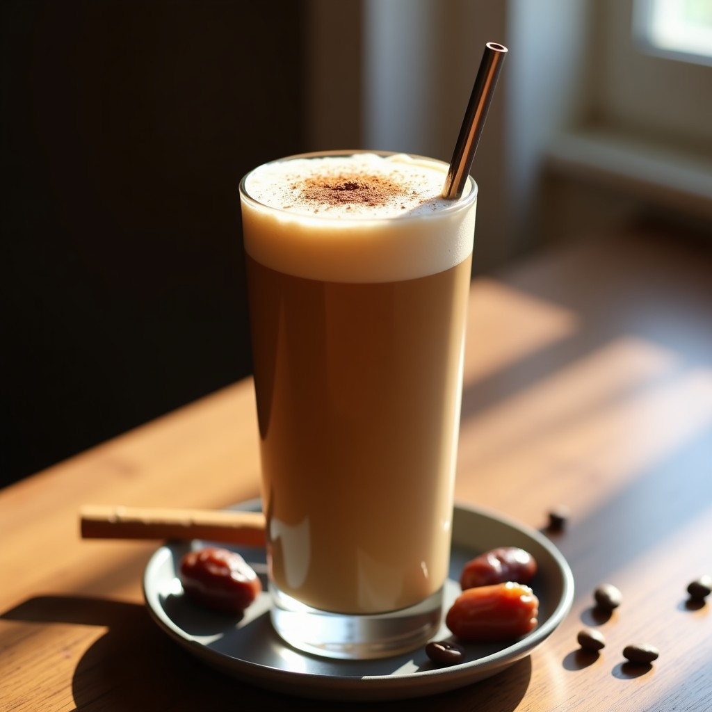 Vaso alto de cristal con milkshake de café cold brew y dátiles, espolvoreado con canela y semillas de chía, sobre una mesa de madera con ingredientes al fondo: dátiles, granos de café y una cucharita.