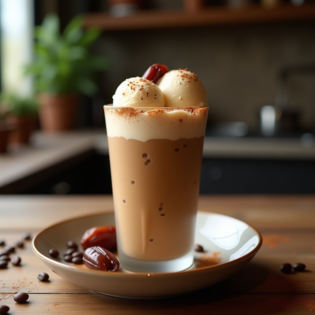 Milkshake de café y dátiles con helado de vainilla vegano servido en vaso alto de cristal, con textura cremosa, trozos de helado visibles y decoración de canela en polvo y dátiles picados.