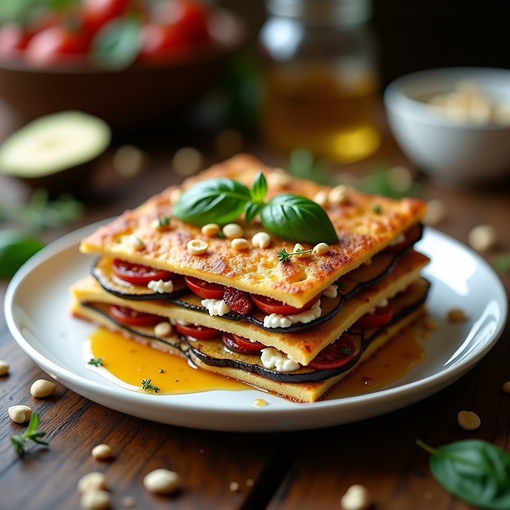 Millefeuille de berenjena asada y queso feta en airfryer, capas doradas de berenjena con relleno de queso feta, tomates secos y albahaca, decorado con piñones y miel de tomillo sobre un plato blanco rústico.