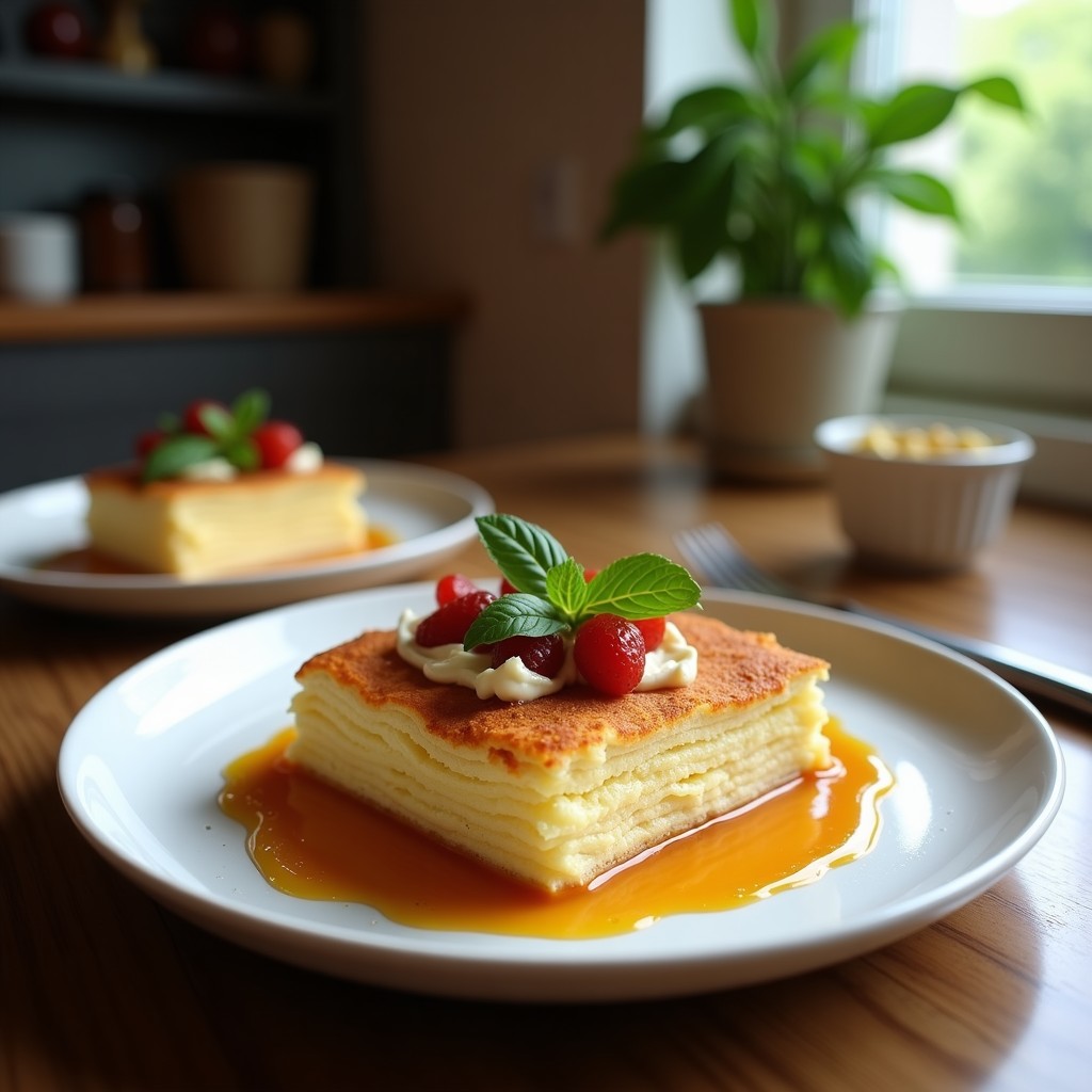 Plato blanco rectangular con Millefeuille de Berenjena y Ricotta de Castañas: capas de berenjena violácea, crema beige de ricotta y castañas, decorado con almendras tostadas, hojas de albahaca y un hilo de aceite de trufa. Postre salado keto elegante.