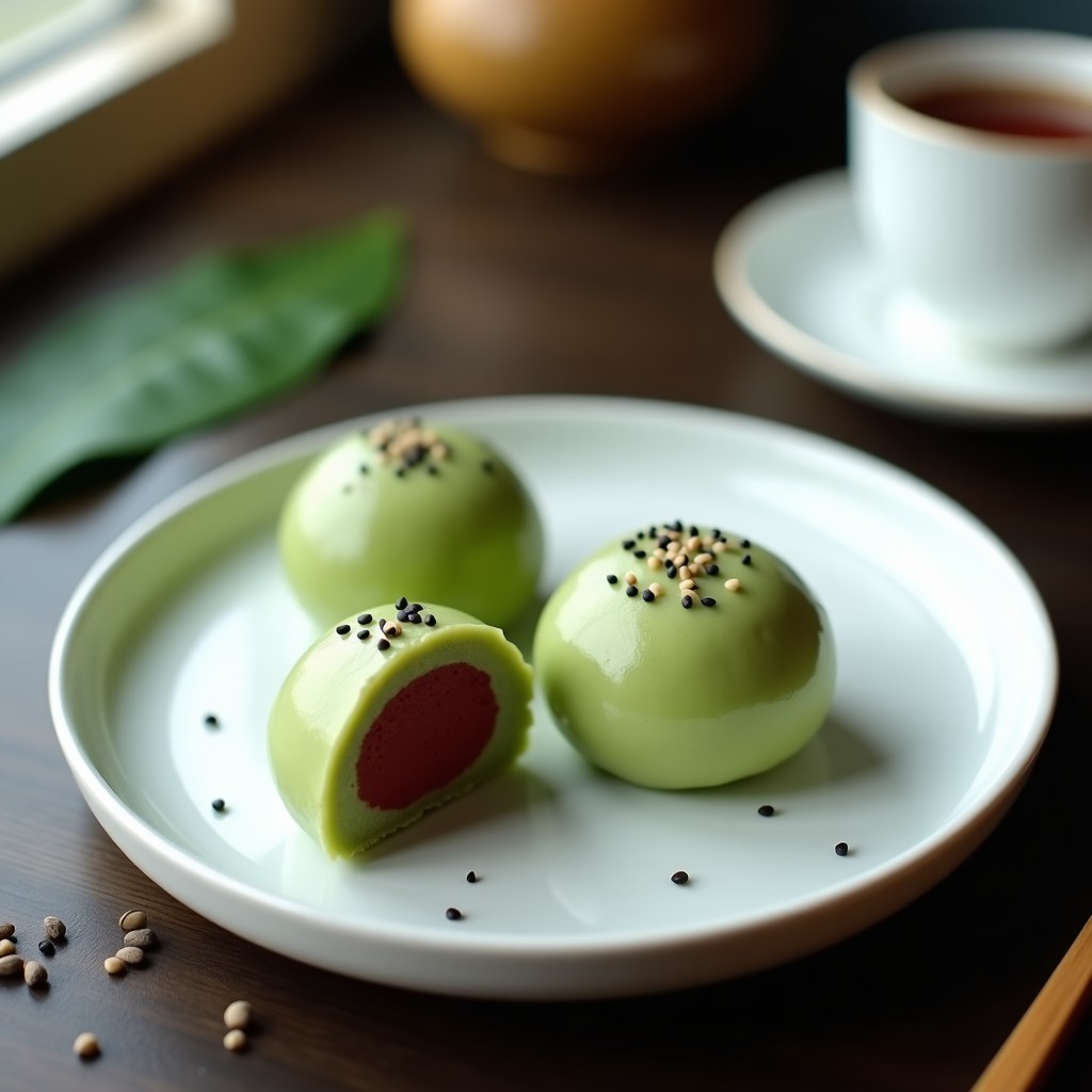 Plato blanco con 3 mochis de matcha rellenos de pasta de alubias rojas, espolvoreados con semillas de sésamo negro, sobre fondo de madera oscura con hojas de té verde y una taza de té matcha al lado.