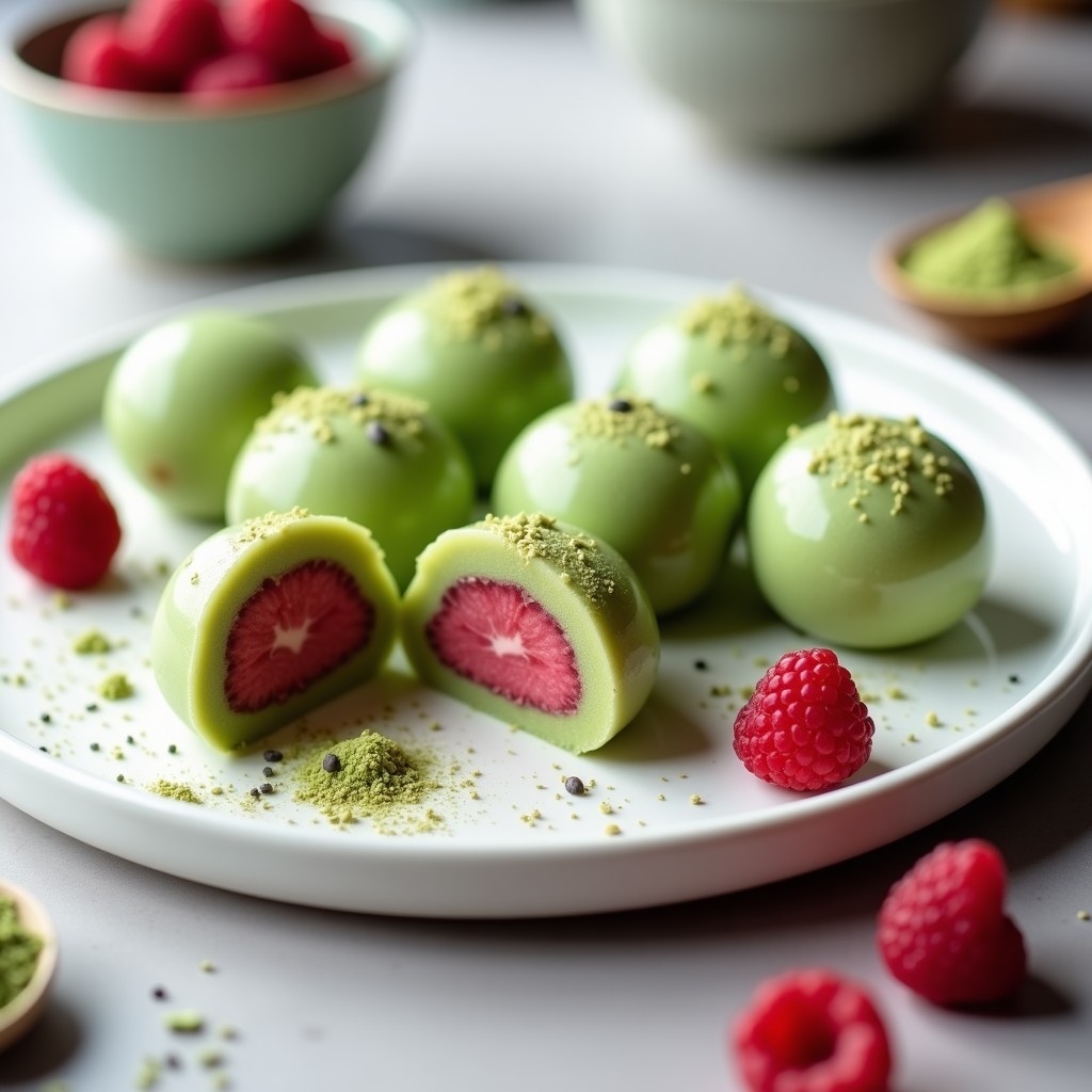 Plato blanco con mochis verdes de matcha rellenos de crema rosada de frambuesa keto, decorados con semillas de chía y frambuesas frescas, fondo minimalista.