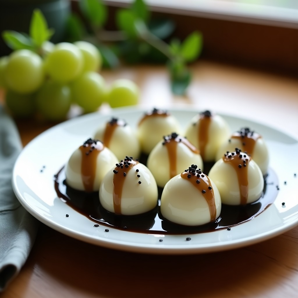 Plato blanco con mochis redondos de color translúcido, rellenos de queso crema y trozos de uva verde, bañados en una salsa oscura de sésamo negro. Decoración minimalista con semillas de sésamo y hojas de menta.
