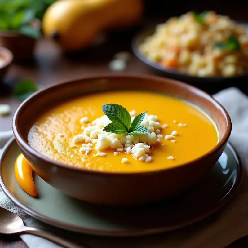 Mochica Peruana: Sopa de Harina de Maíz con Calabaza y Queso