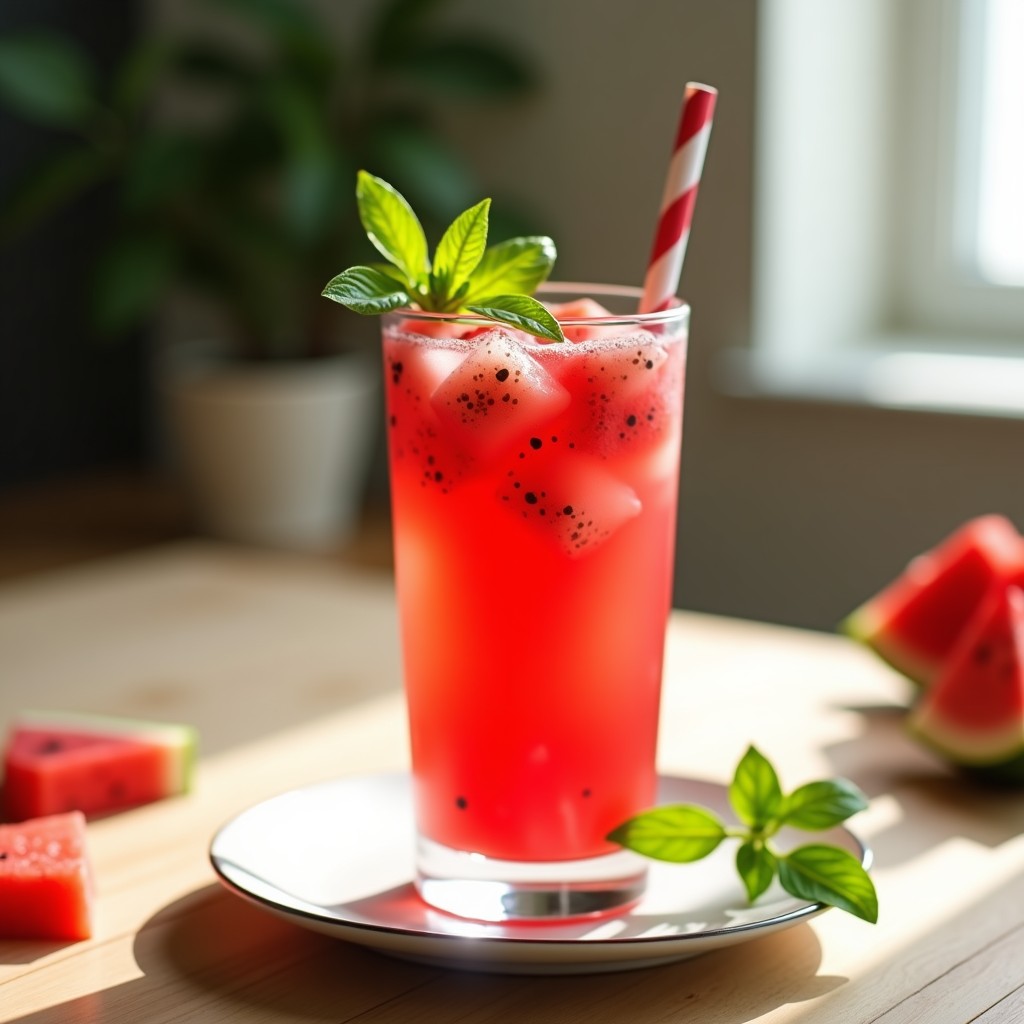 CMocktail de Sandía y Albahaca con Chía servido en vaso alto transparente con pajita, decorado con cubos de sandía y hojas de albahaca fresca, sobre fondo de madera clara con luz natural.