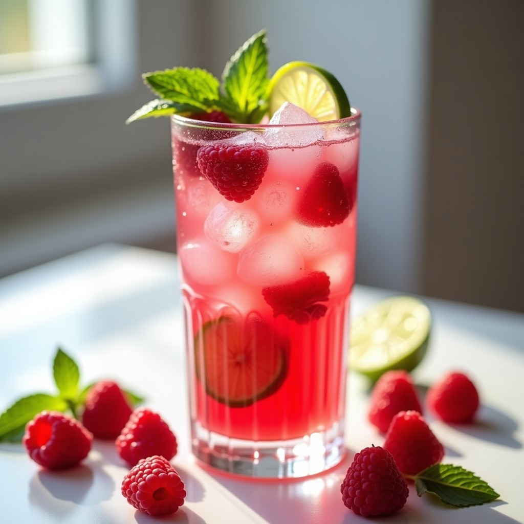 Vaso alto transparente con mojito de frambuesa y menta con stevia, decorado con rodajas de limón y hojas de menta fresca, lleno de hielo y burbujas, sobre fondo claro con frambuesas esparcidas.