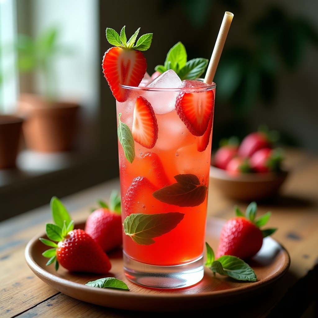 Vaso alto de cristal con mojito de fresa y albahaca sin alcohol, lleno de hielo picado, fresas frescas y hojas de albahaca, decorado con una rodaja de fresa y una rama de menta en el borde, con pajita de papel y fondo de madera rústica.