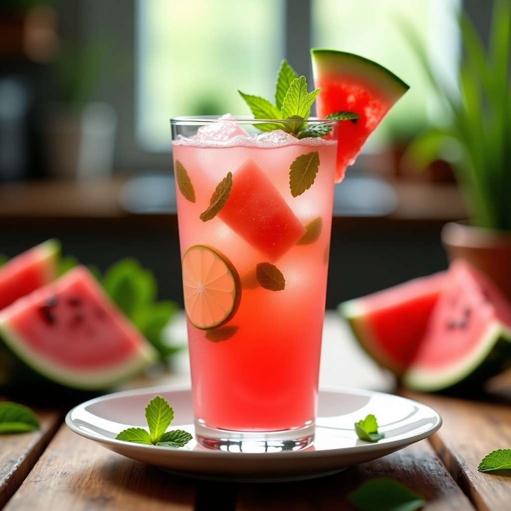 Vaso alto de cristal con mojito de sandía y hierbabuena sin alcohol, lleno de hielo picado, cubos de sandía roja y hojas verdes de hierbabuena, con una pajita y burbujas de agua con gas, sobre una mesa rústica de madera con fondo de luz natural.
