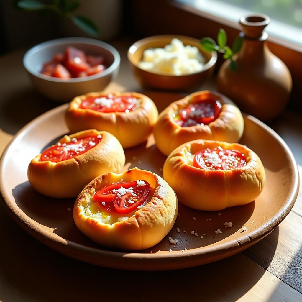Plato rústico de madera con cuatro molletes cordobeses tostados, cubiertos de tomate triturado fresco, bañados en aceite de oliva virgen extra y espolvoreados con sal en escamas. Al fondo, jamón serrano en taquitos y queso fresco desmenuzado.