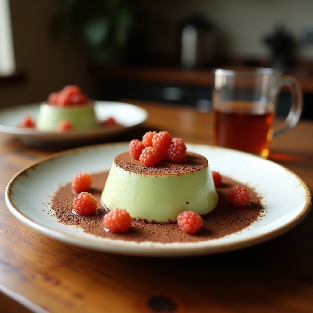 Copa de cristal transparente con mousse de aguacate y cacao de color marrón oscuro, coronada con trozos dorados de bacon crujiente. Textura cremosa y brillo sedoso. Postre keto dulce-salado sobre fondo rústico de madera con cacao en polvo espolvoreado.
