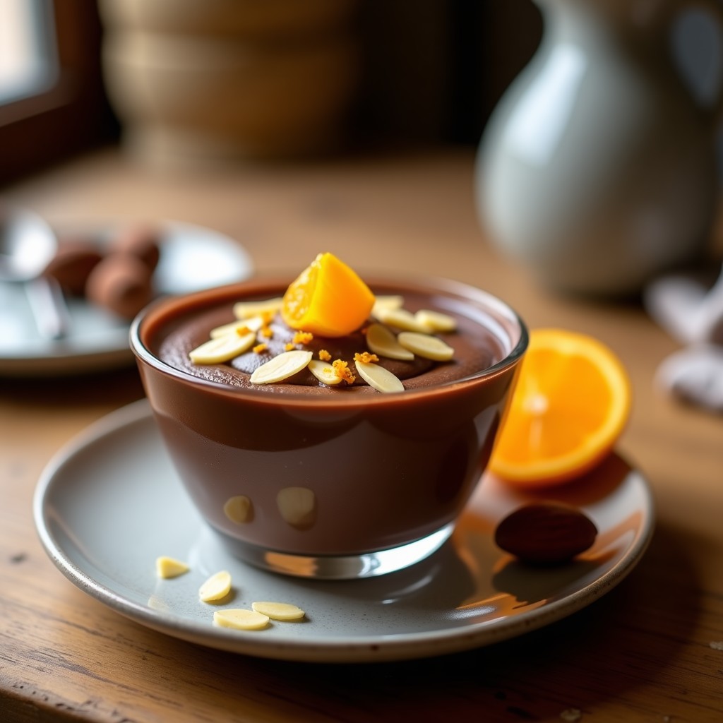 Copa de cristal transparente con mousse de aguacate y cacao de color verde oscuro, decorada con almendras fileteadas tostadas y ralladura de naranja. Postre keto sin horno con textura cremosa y brillo natural.