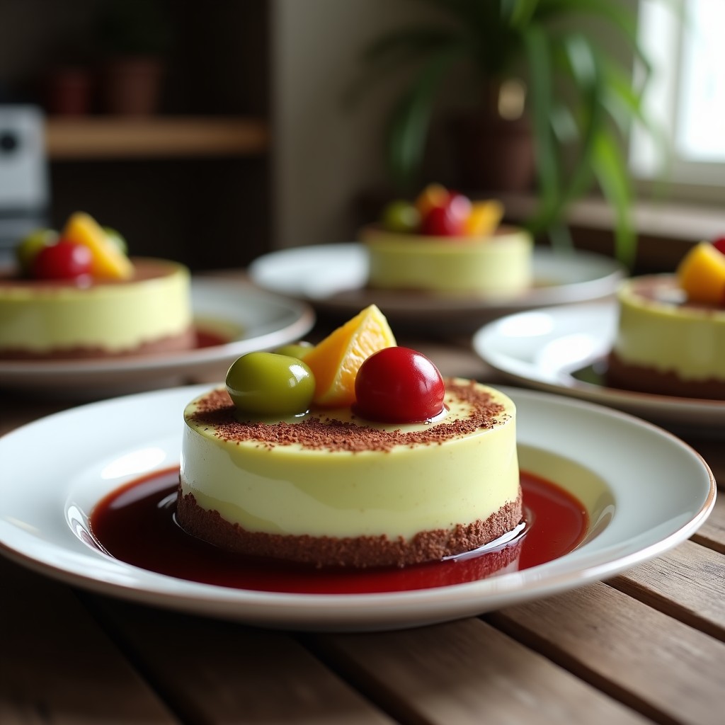 Copas de cristal con mousse de aguacate y cacao sin azúcar, cremosa y de color verde oscuro, coronada con frambuesas frescas, semillas de chía y hojas de menta. Fondo rústico con detalles de merquén y cacao en polvo espolvoreado.