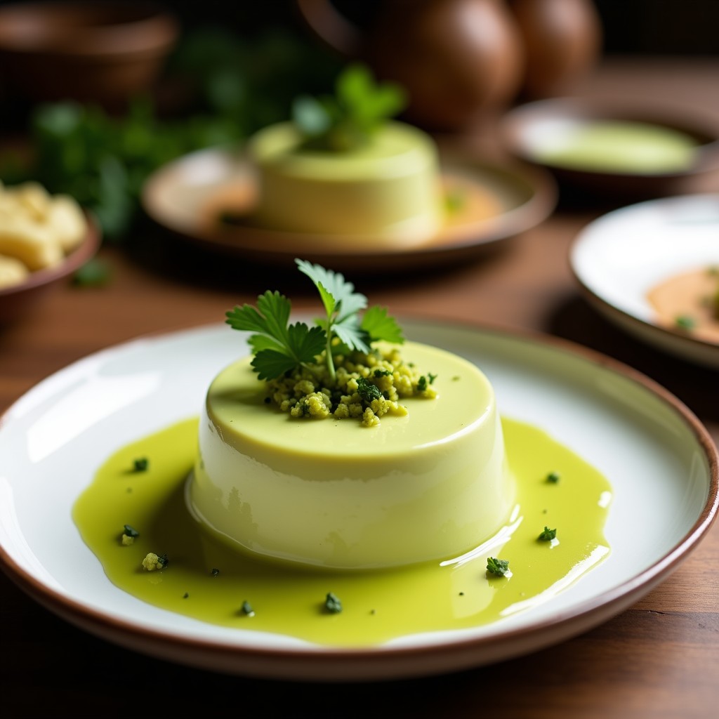 Copa de cristal transparente con mousse de aguacate y cilantro de color verde suave, coronada con semillas de calabaza tostadas doradas y una hoja de cilantro fresco. Postre saludable sin azúcar con textura cremosa y crujiente.
