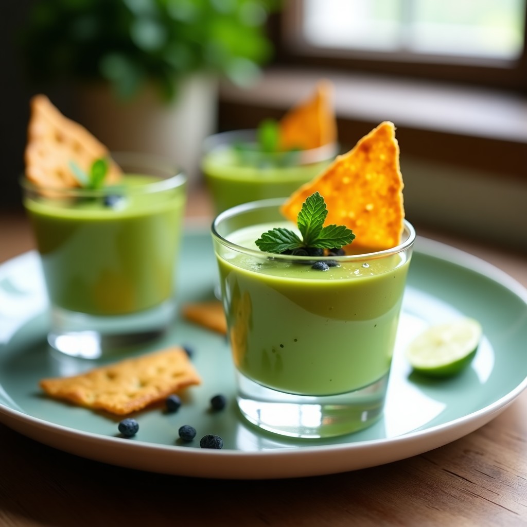 Copas transparentes con mousse de aguacate y cilantro de color verde vibrante, coronadas con triángulos dorados de tortillas de maíz azul tostadas y hojas de menta fresca. Plato de aperitivo mexicano keto elegante y colorido sobre una mesa rústica de madera.