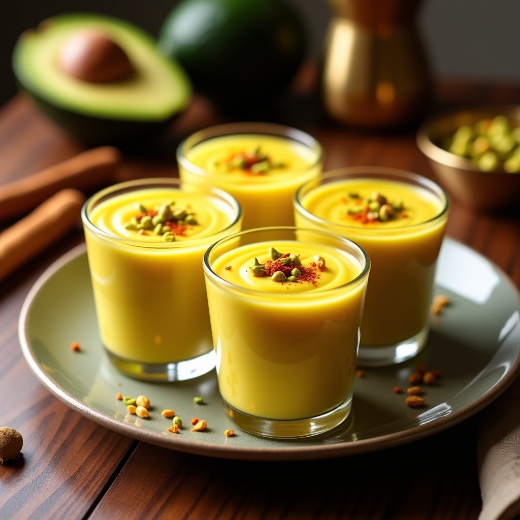Copas de cristal transparente con mousse de aguacate y cúrcuma vegano keto, de color dorado cremoso, decorada con pistachos picados y hebras de azafrán. Plato con toque indio y textura sedosa, servido sobre una mesa de madera rústica con especias al fondo.