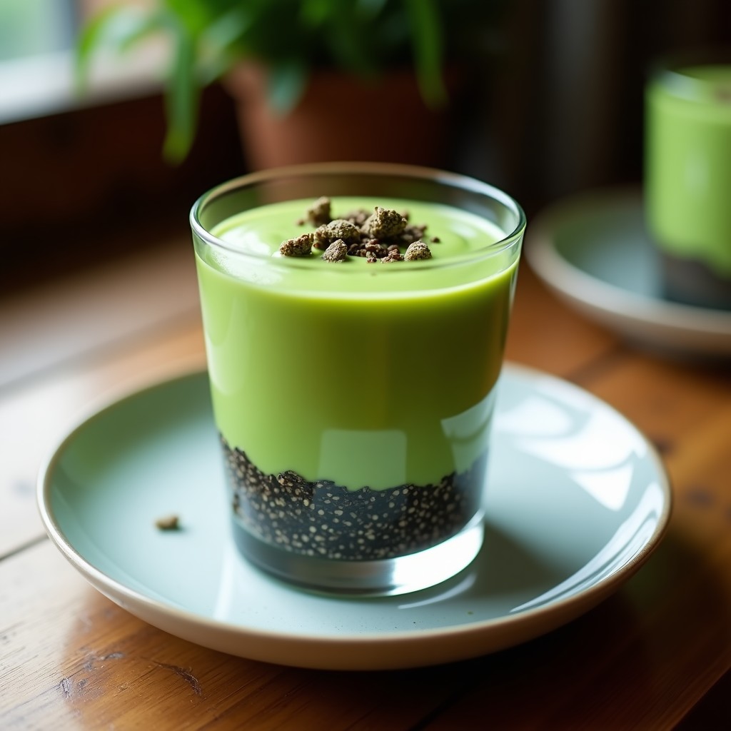 Postre vegano keto en vasito transparente: mousse de aguacate y espirulina de color verde intenso sobre una base crujiente de semillas de chía y alga nori, decorado con copos de nori. Textura cremosa y presentación elegante.