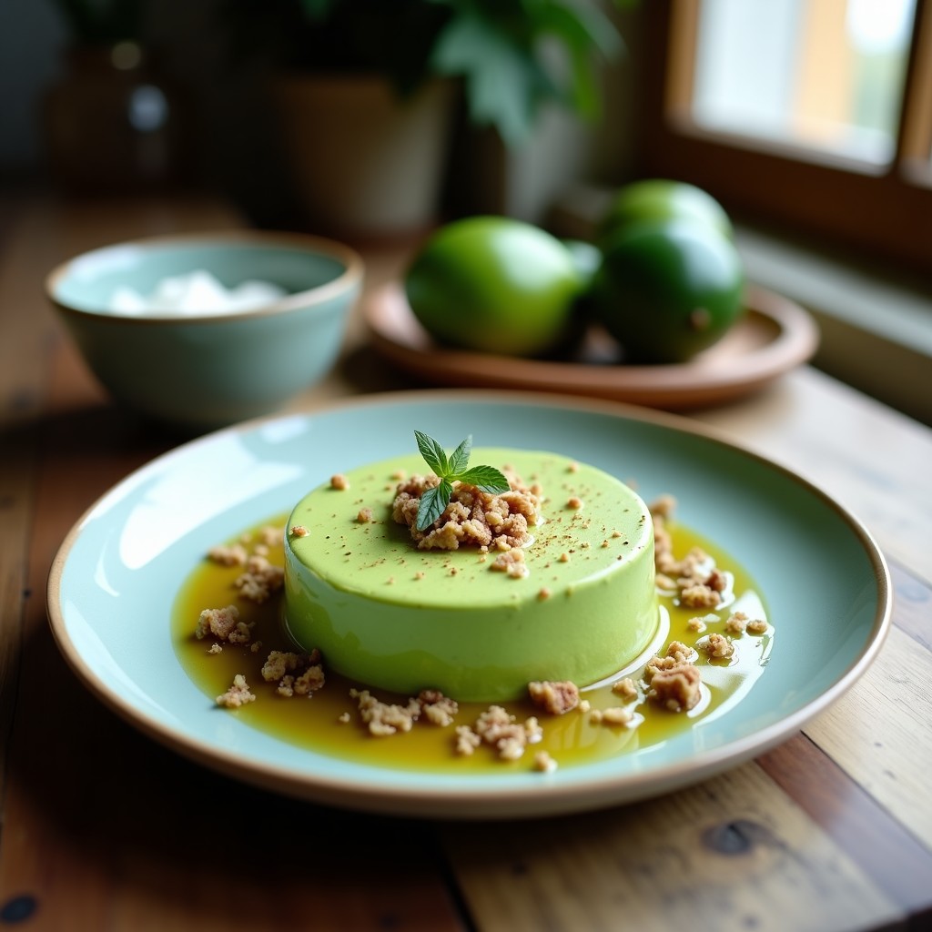 Mousse de aguacate y espirulina en copa de cristal transparente, con capa superior de coco rallado y semillas de chía, postre keto y detox de color verde esmeralda intenso.