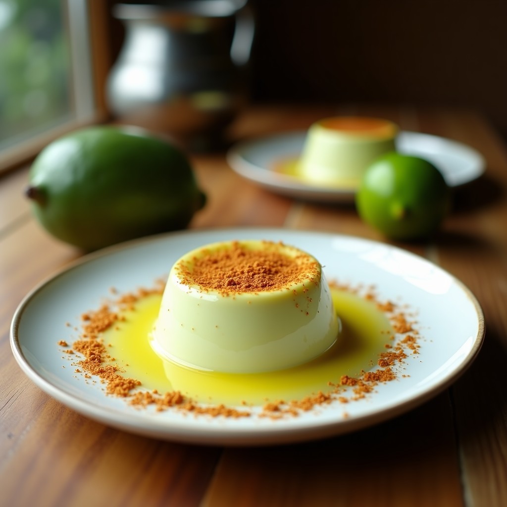 Copas de cristal transparente con mousse de aguacate y lima de color verde claro, servida sobre una base dorada de almendras fileteadas. Decoración con ralladura de lima y hojas de menta. Plato vegano, sin cocción y saludable.