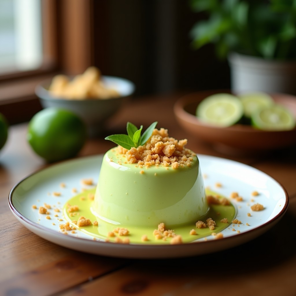 Copa de cristal transparente con mousse de aguacate y lima con chía, textura cremosa y color verde claro, decorada con coco rallado toastado y rodajas de lima. Postre vegano sin azúcar servido sobre una mesa de madera con fondo desenfocado.
