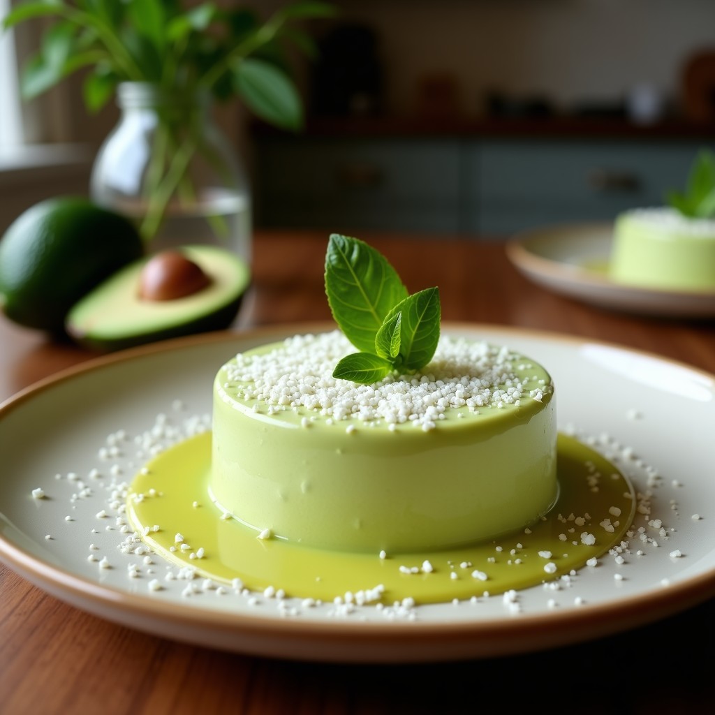 Mousse de aguacate y lima con trozos de coco en copa de cristal transparente, decorada con semillas de sésamo y ralladura de lima, postre tailandés sin lactosa ni azúcar.
