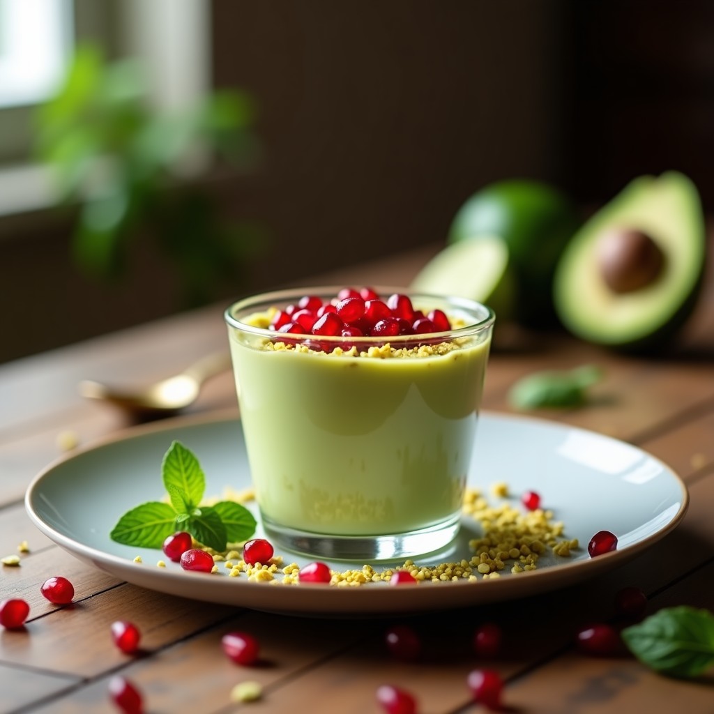 Copa de cristal transparente con mousse de aguacate y lima de color verde cremoso, coronada con semillas de granada rojas brillantes y pistachos picados. Postre saludable sin azúcar con textura sedosa y decoración fresca.