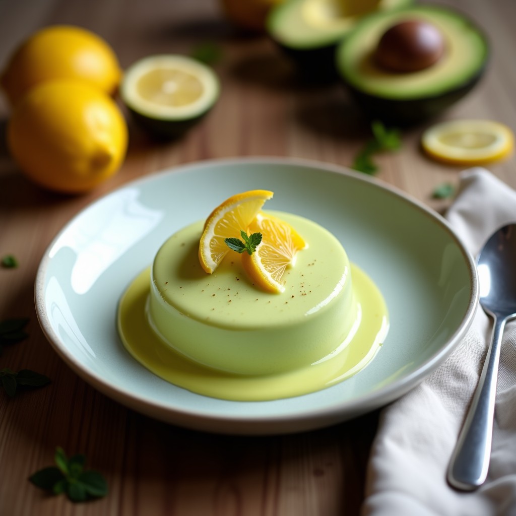 Copa de cristal transparente con mousse de aguacate y limón keto sin lácteos, textura cremosa y color verde claro, decorada con hojas de menta fresca y semillas de chía, sobre fondo rústico de madera con limones cortados al lado.