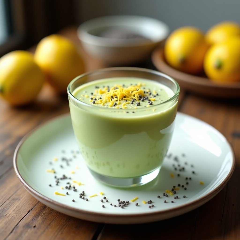 Copa de cristal transparente con mousse de aguacate y limón con semillas de chía, decorada con rodajas de limón y semillas de chía espolvoreadas. Postre keto sin lácteos, cremoso y fresco.