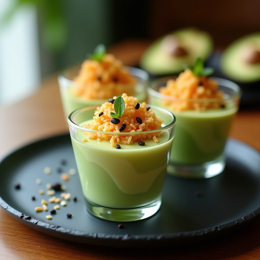 Copa de cristal transparente con mousse de aguacate y wasabi de color verde cremoso, coronada con crujiente de arroz inflado tostado y semillas de sésamo negro, postre japonés picante y cremoso sobre fondo minimalista.