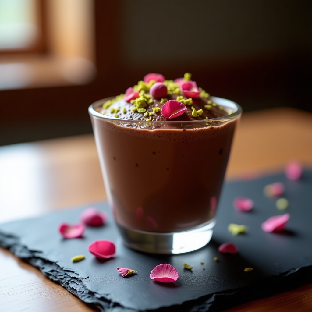 Copa de cristal transparente con mousse de aquafaba y chocolate 100% de color negro intenso, coronada con pétalos de rosa comestibles y pistachos picados. Fondo borroso con tonos dorados y detalles de especias orientales.