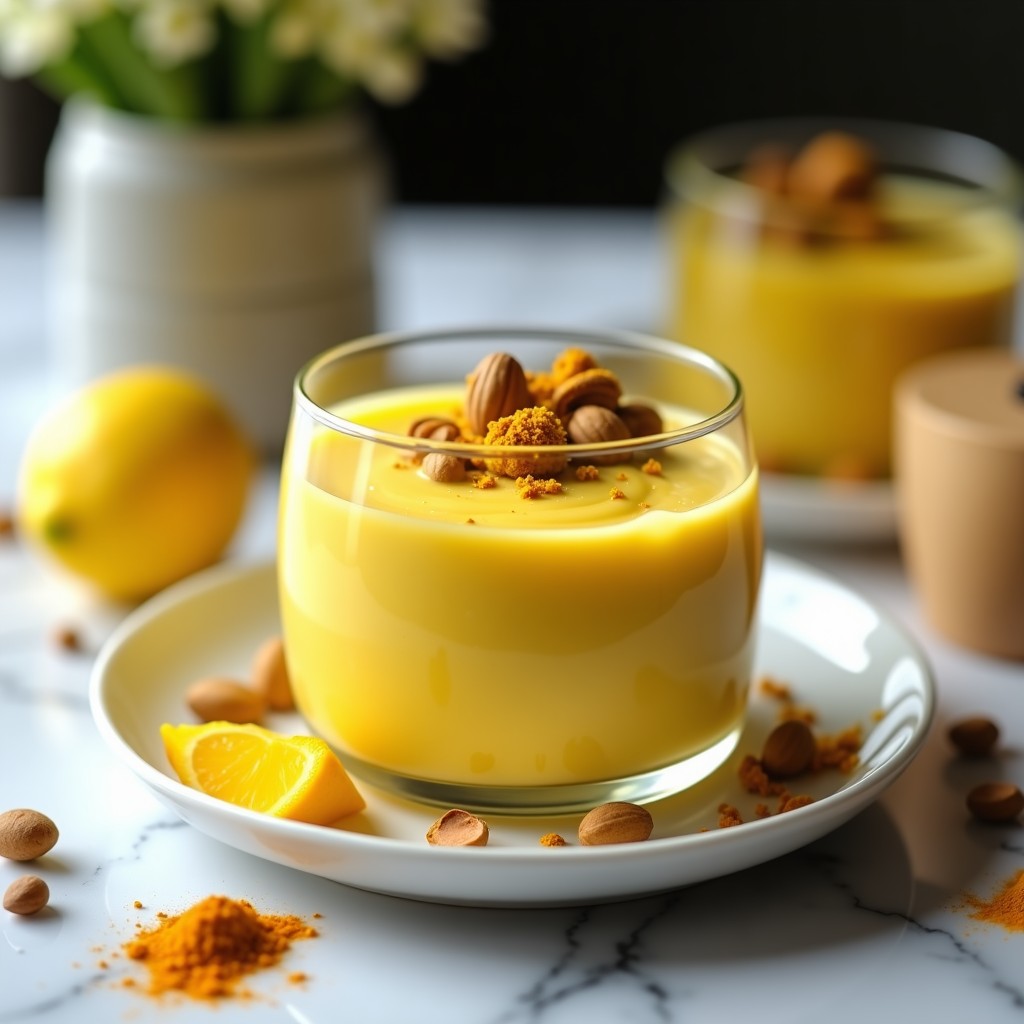 Copa de cristal transparente con mousse de aquafaba y cúrcuma de color dorado suave, coronada con crujiente de pistacho picado. Fondo borroso con ingredientes como cúrcuma en polvo y pistachos enteros.