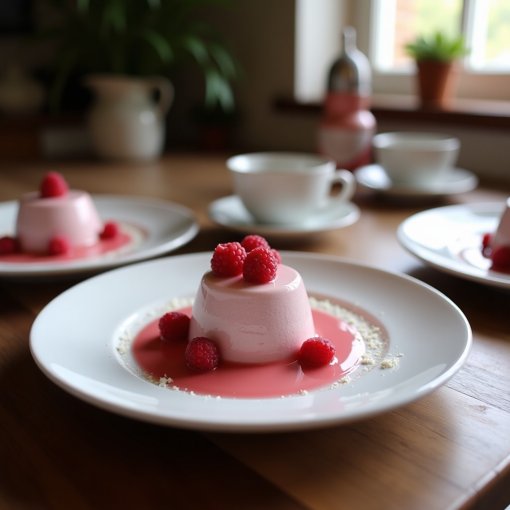 Copas de cristal transparente con mousse de aquafaba y frambuesas con toque de rosa, decorada con pistachos picados y frambuesas frescas, postre vegano sin horno.