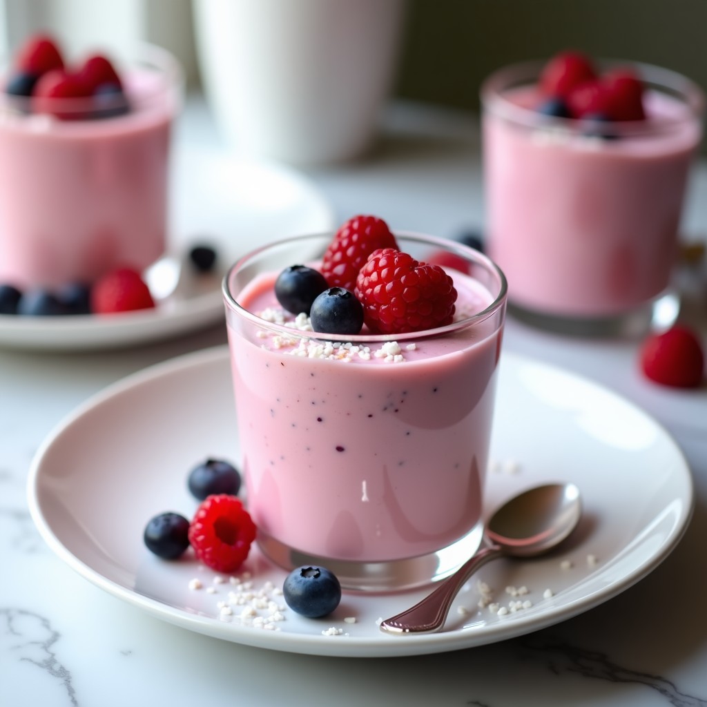 Copa de cristal transparente con mousse de aquafaba y frutos rojos, textura esponjosa y cremosa, decorada con frambuesas, arándanos y coco rallado, sobre fondo blanco con luz natural.