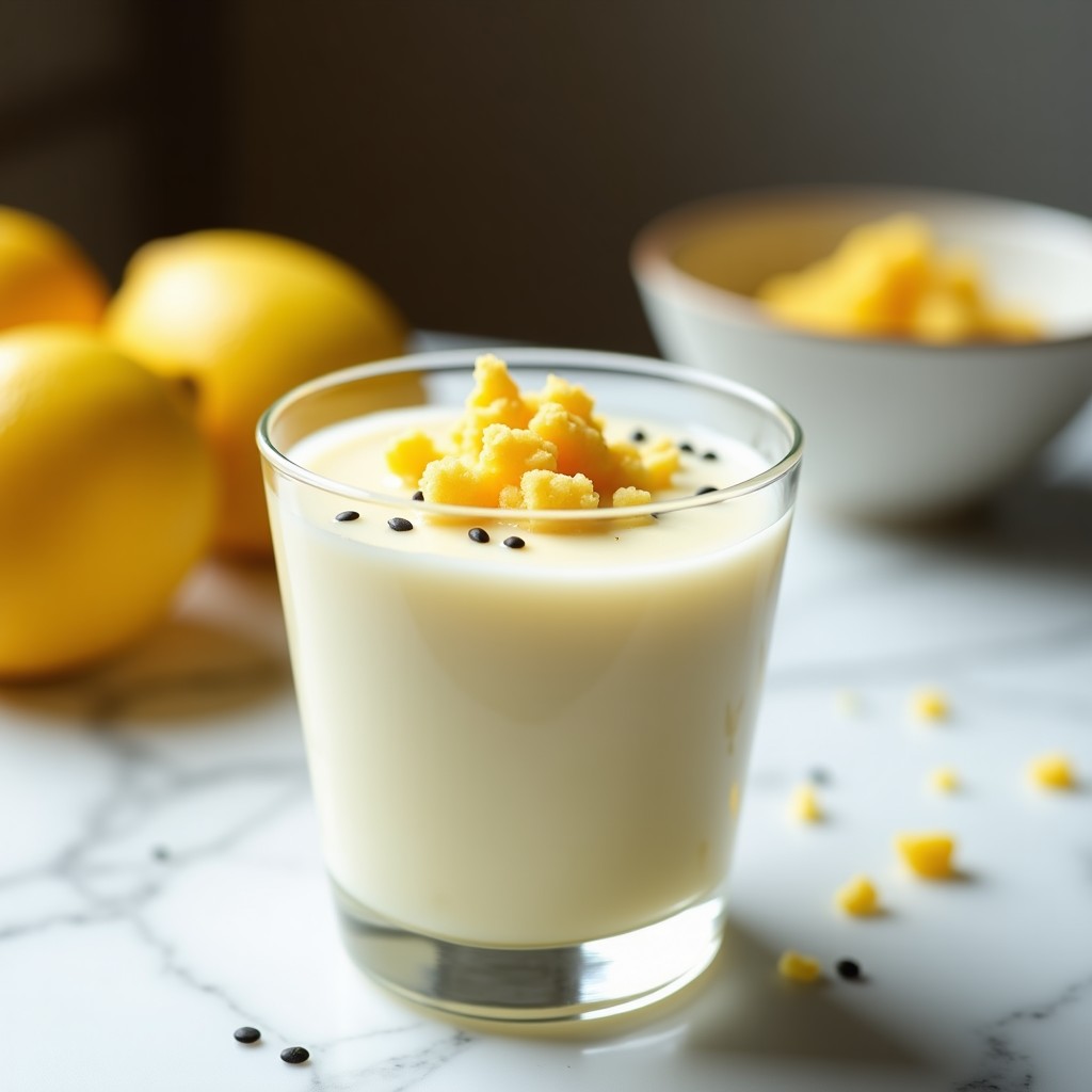 Copa de cristal transparente con mousse de aquafaba y limón yuzu vegano, textura aireada y color crema pálido, coronada por merengue crujiente dorado desmenuzado y semillas de amapola, sobre fondo de mármol blanco.