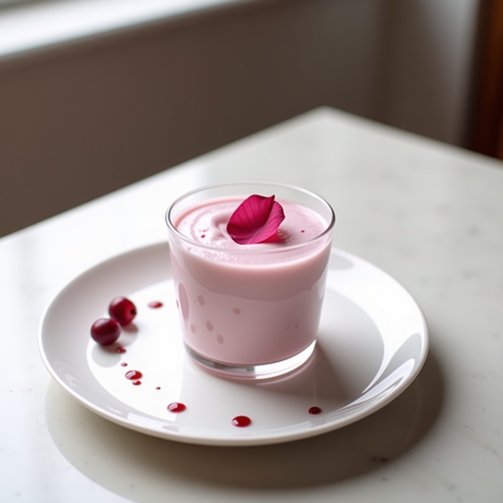 Copa de cristal transparente con mousse de aquafaba y morseberry sin azúcar, decorada con pétalos de rosa comestible y un toque floral. Postre vegano ligero y esponjoso.