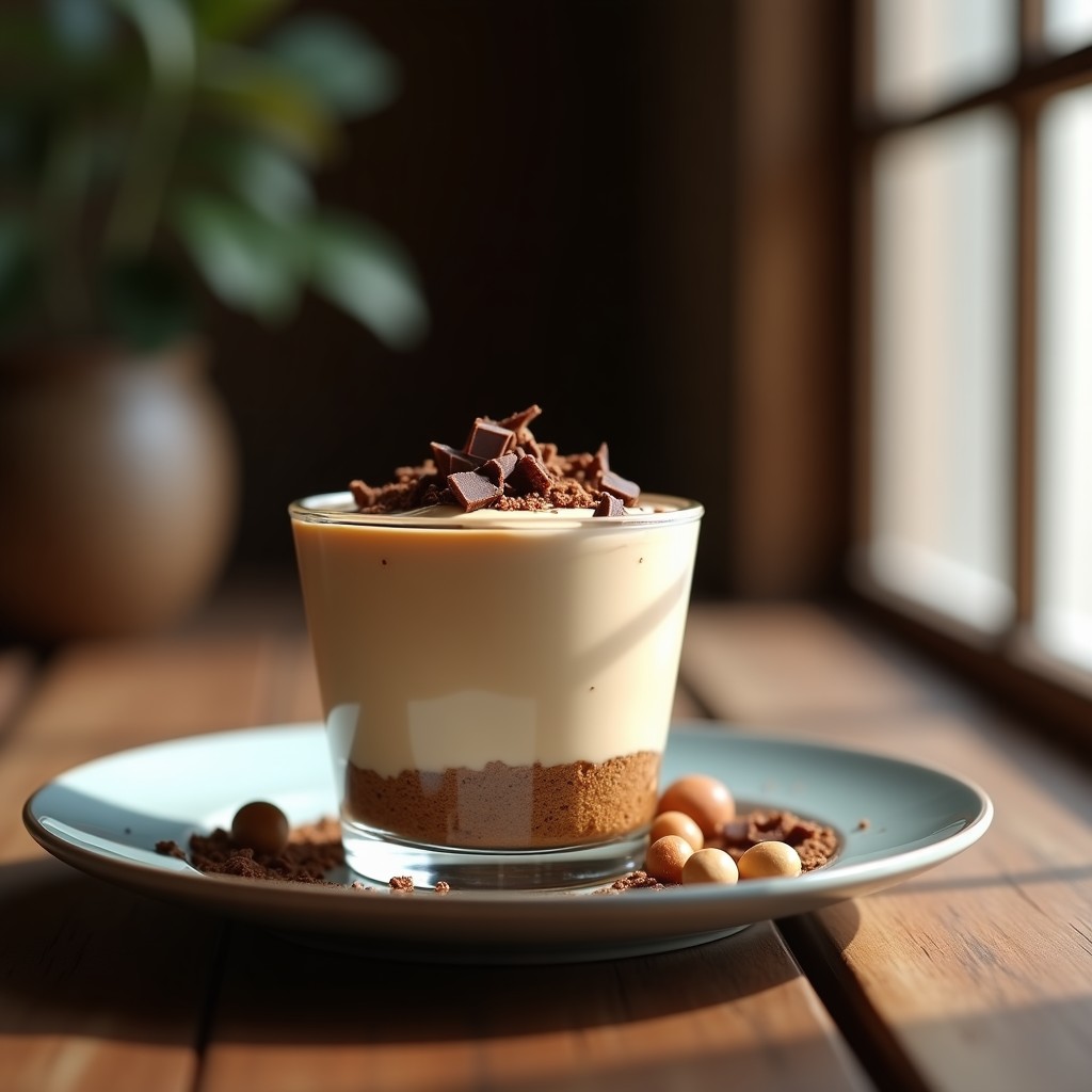 Mousse de café y dátiles con base crujiente de avellanas servida en copas de cristal transparente, decorada con virutas de chocolate negro y avellanas picadas, sobre un fondo rústico de madera.