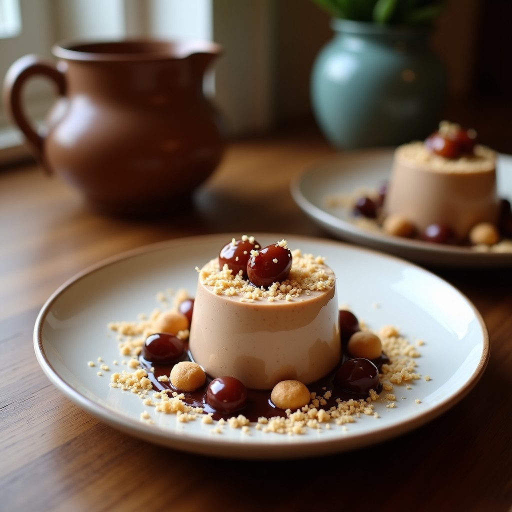Mousse de café y dátiles vegano en copa de cristal transparente, con capa cremosa y color marrón claro, decorada con crujiente de coco tostado dorado y espolvoreada con canela. Fondo borroso con granos de café y dátiles. Postre sin lácteos y rápido.