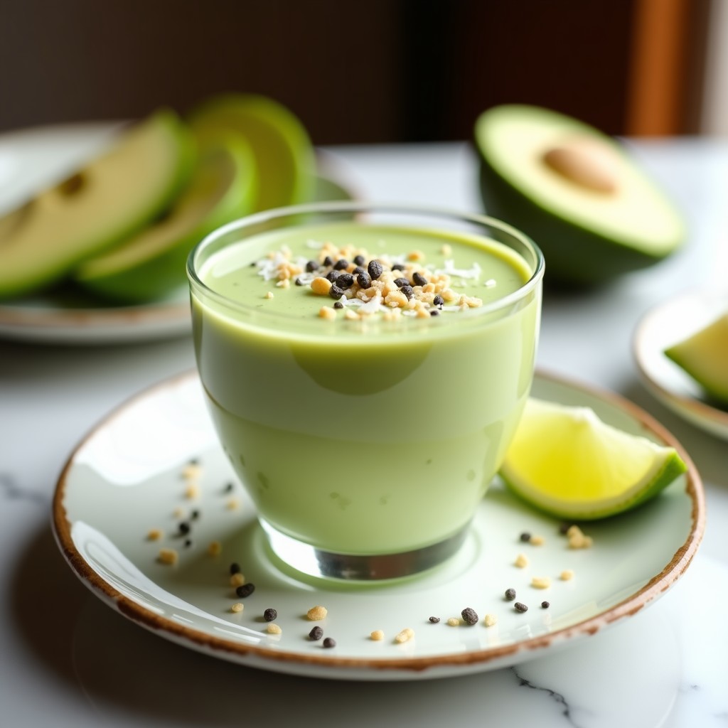 Copa de cristal transparente con mousse de chirimoya y aguacate, coronada con coco rallado y semillas de chía, sobre fondo blanco con detalles de frutas tropicales frescas.