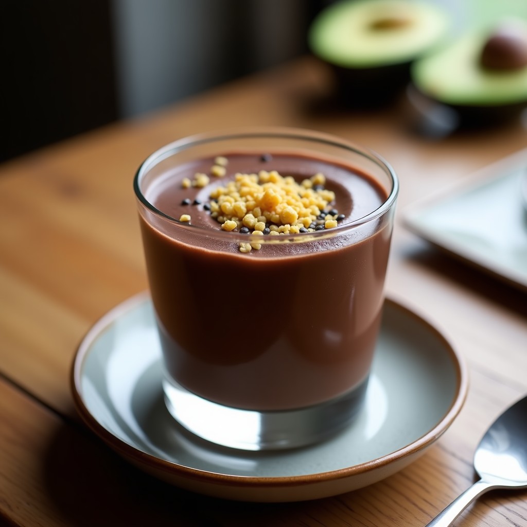 Copa de cristal transparente con mousse de chocolate y aguacate de color negro intenso, coronada con crujiente de quinoa dorada y semillas de chía. Textura sedosa y brillo natural, servida sobre una mesa de madera rústica con cucharita de postre.