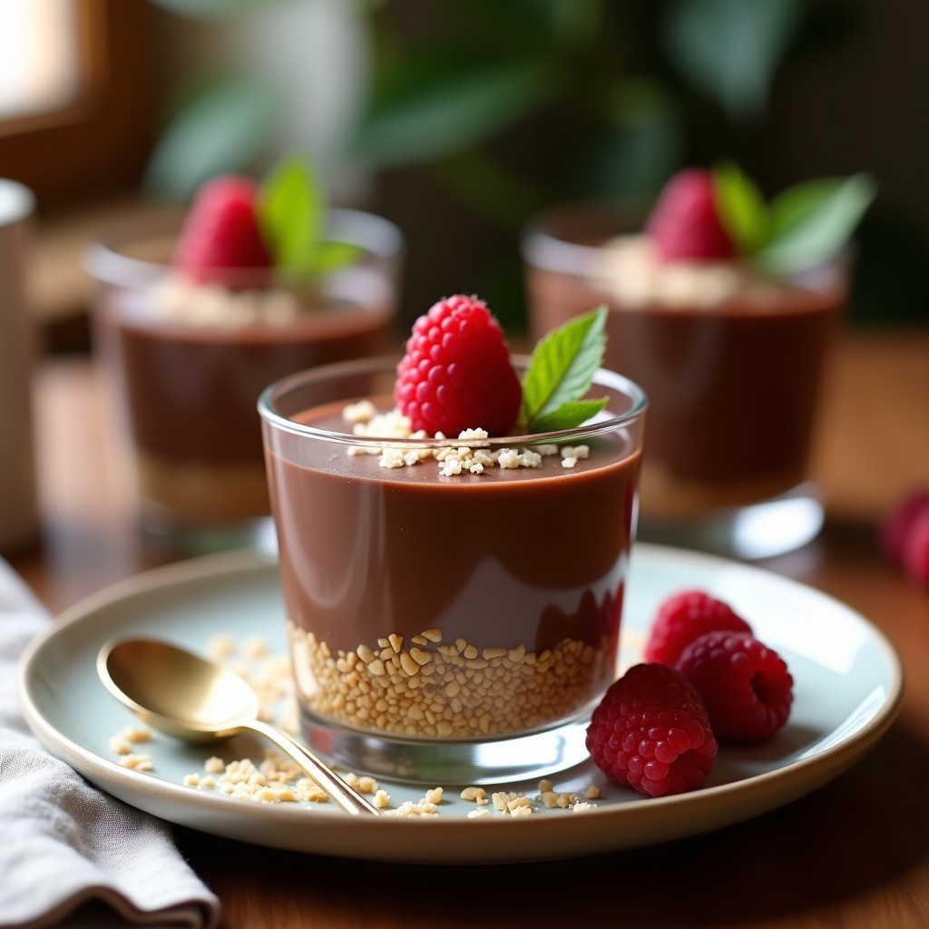 Postre vegano sin cocinar: mousse de chocolate y aguacate cremosa sobre una base crujiente de dátiles y almendras, decorada con coco rallado. Presentación elegante en copa de cristal con fondo borroso.