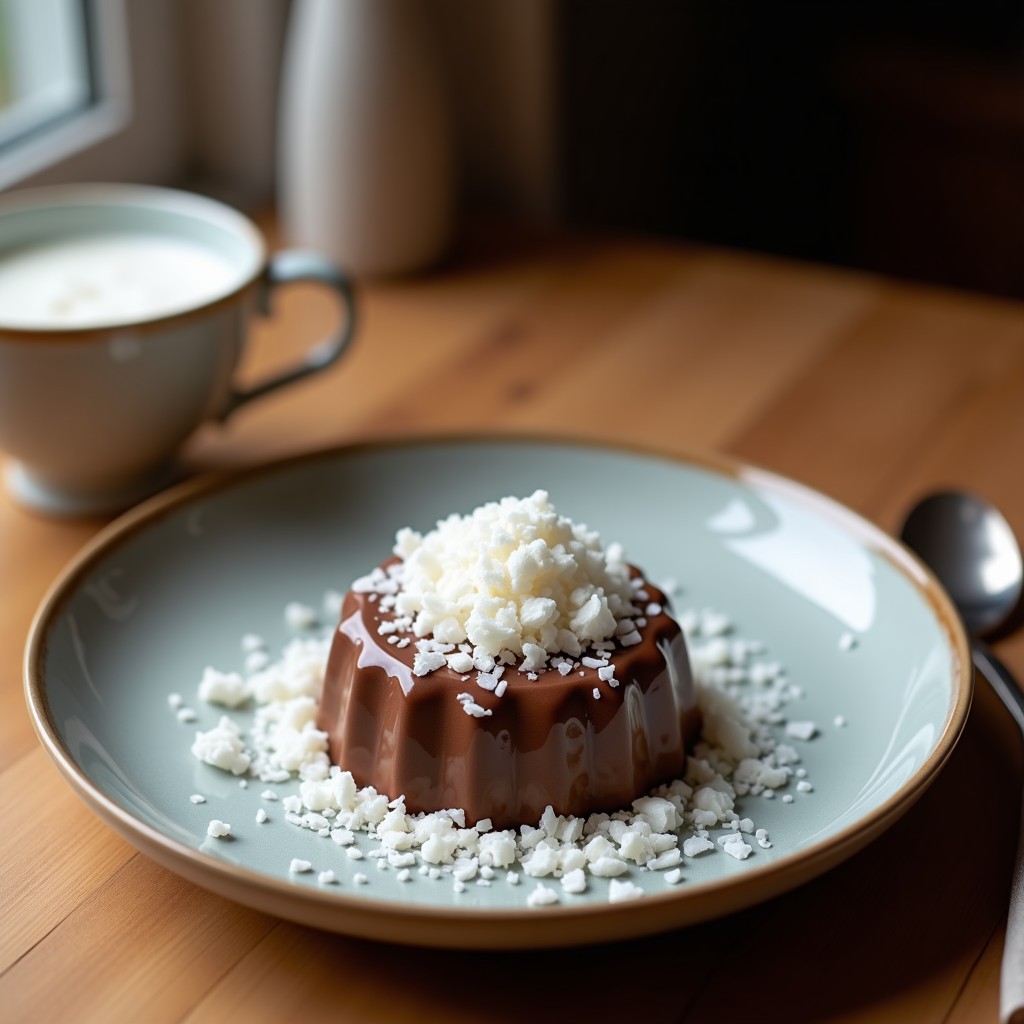 Copa de cristal transparente con mousse de chocolate negro esponjoso, coronada con virutas de coco blancas y un ligero espolvoreado de cacao en polvo, sobre fondo oscuro con detalles de coco rallado.