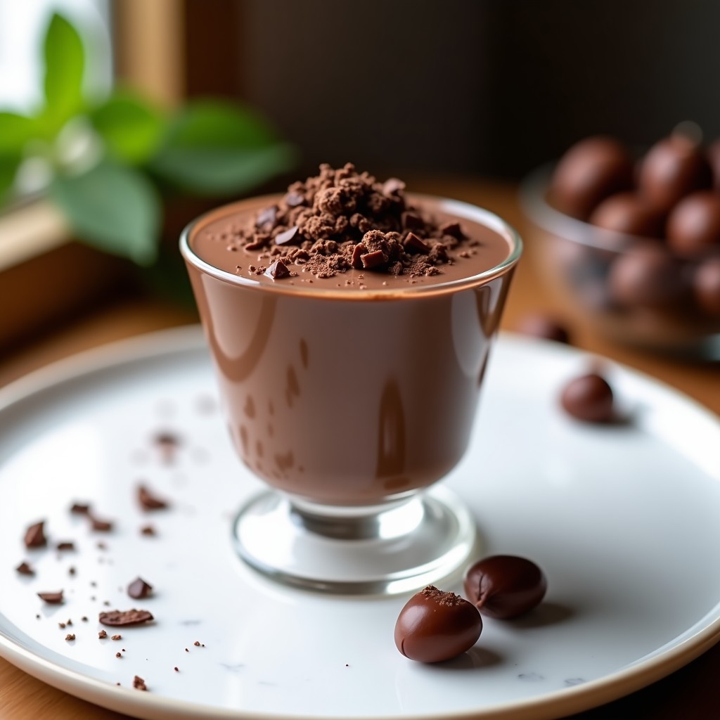 Copa de cristal con mousse de chocolate y avellana, textura sedosa y aireada, decorada con virutas de chocolate negro y avellanas picadas sobre fondo blanco.