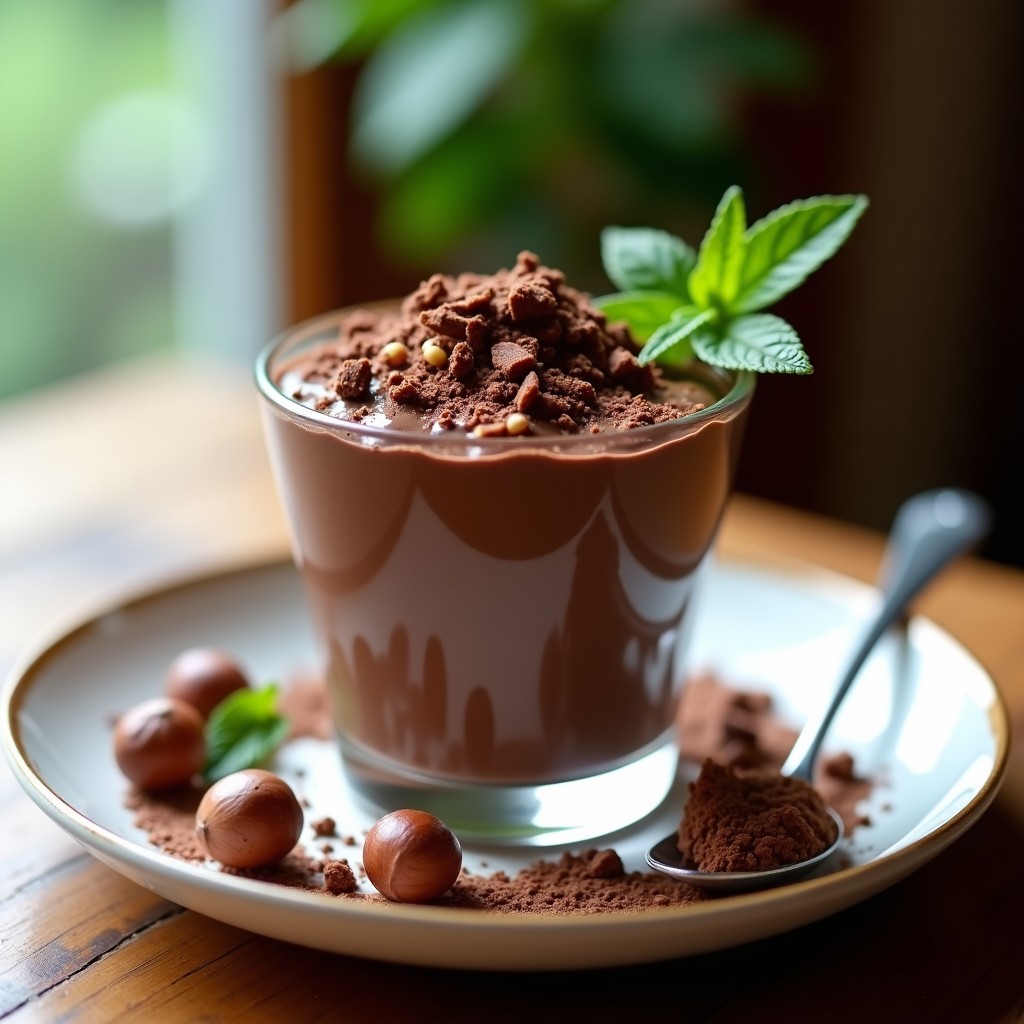 Copa de cristal transparente con mousse de chocolate y avellanas sin azúcar, decorada con virutas de chocolate negro y avellanas picadas, sobre un fondo rústico de madera.