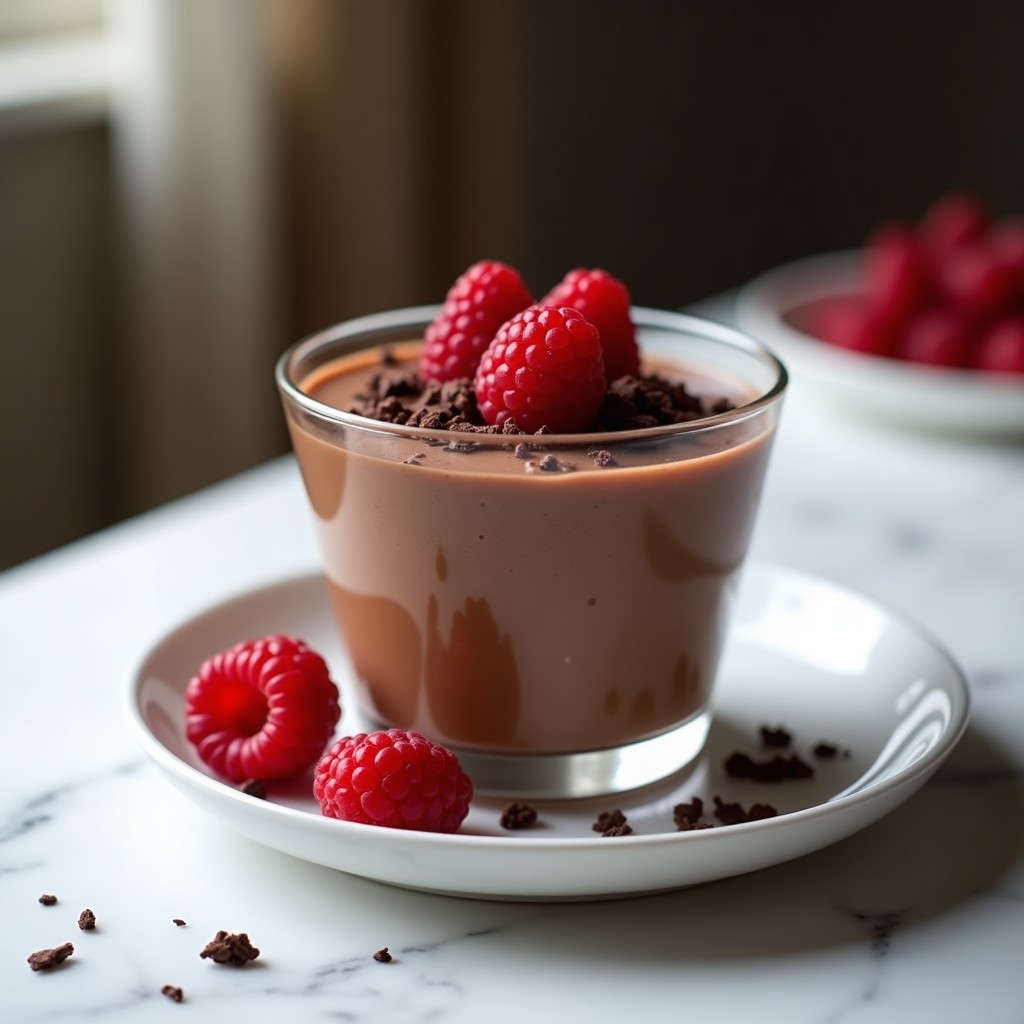 Copa de cristal transparente con mousse de chocolate y avena esponjosa, decorada con virutas de cacao y frambuesas frescas, sobre fondo blanco.