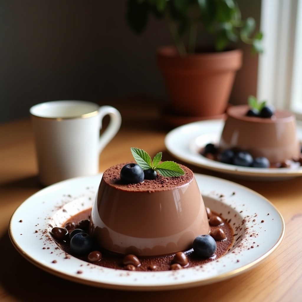 Copa de cristal con mousse de chocolate y avena proteico, textura cremosa y brillante, decorado con virutas de chocolate negro y un toque de cacao en polvo.